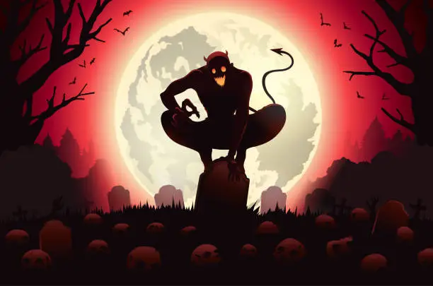 Vector illustration of Devil sitting on Gravestone in the graveyard with many skulls. the red evil spirit from the hell in the cemetery is full of skeletons and cadavers. Silhouette Full moon.
