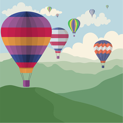 Flying hot air balloons colorful in blue sky. vintage hot air balloon, stripped sky transport vector background illustration