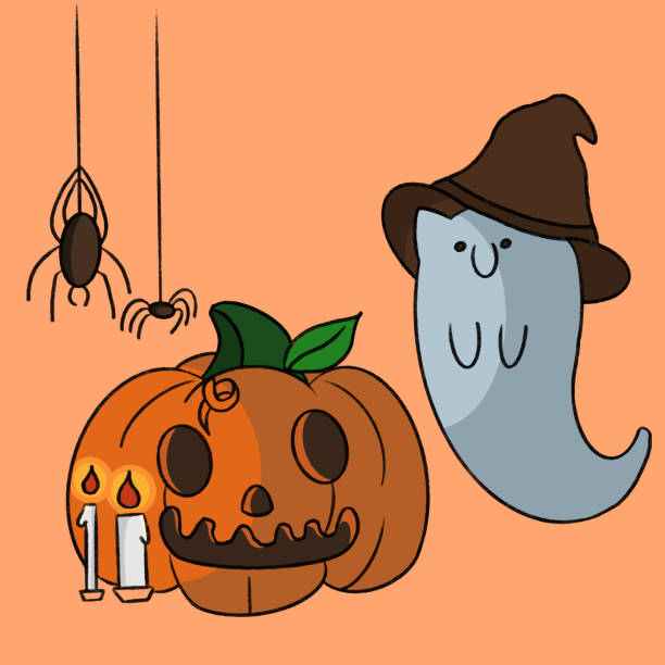 eine geisterkatze im hexenhut fliegt neben einem kürbis und schevi - halloween witchs hat witch autumn stock-grafiken, -clipart, -cartoons und -symbole