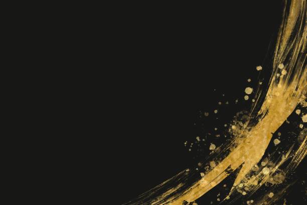 istock Abstract illustration in Japanese style with curved golden brush strokes. Dark backdrop with dynamic curves. Black background with space for text. Traditional and classic 1422408942