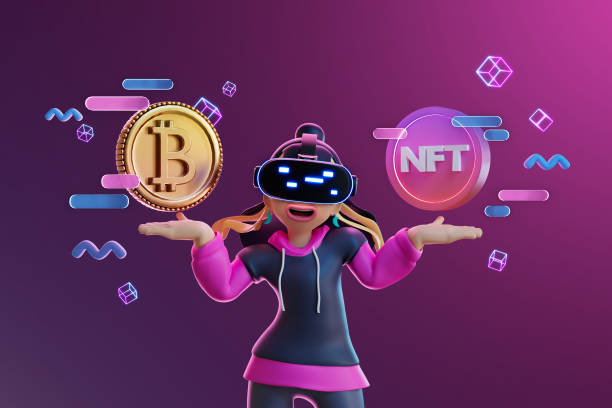 female wearing VR goggles spreading her hands for ETH and NFT coins. 3d rendering