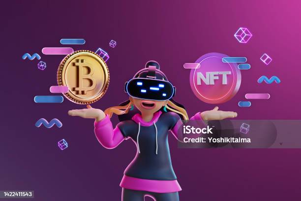 Female Wearing Vr Goggles Spreading Her Hands For Eth And Nft Coins 3d Rendering Stock Photo - Download Image Now