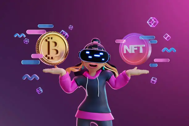 female wearing VR goggles spreading her hands for ETH and NFT coins. 3d rendering