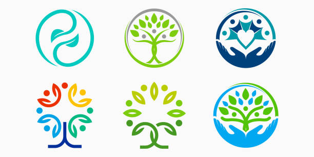 illustrazioni stock, clip art, cartoni animati e icone di tendenza di logo dell'albero umano progetta persone rispettose dell'ambiente. illustrazione vettoriale - organic sign food community