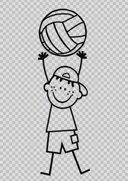 Vector illustration of Boy and volleyball ball, transparent design, checkered background, eps.