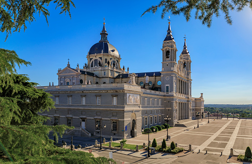 Aerial view of the Cathedral of Our Lady of La Almudena and Plaza de la Armeria in Madrid, Spain, consecrated by Pope John Paul II in 1993