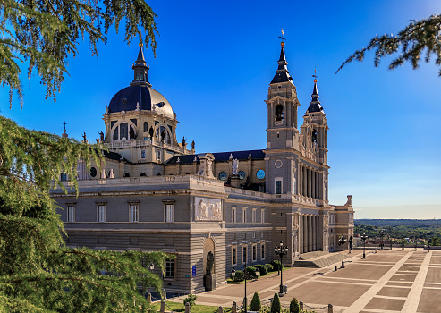 Aerial view of the Cathedral of Our Lady of La Almudena and Plaza de la Armeria in Madrid, Spain, consecrated by Pope John Paul II in 1993