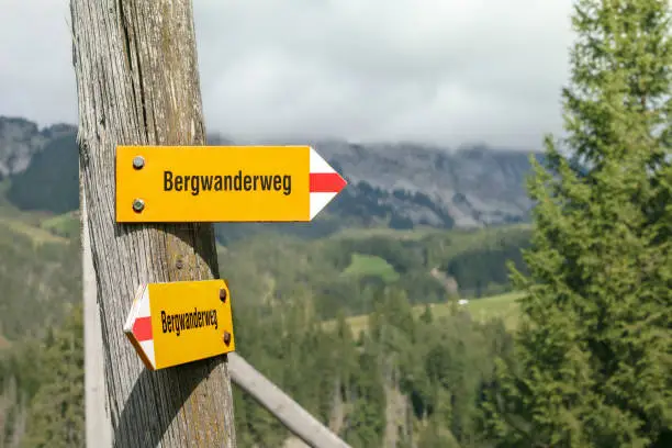 Directional yellow arrow signage with Swiss mountain scenery background. Bergwanderung means mountain hiking trail in German. Selective focus on one sign.
