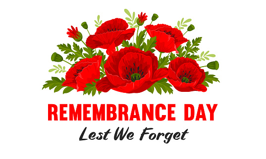 Remembrance Day card. Lest We forget. Composition of cartoon red poppy flowers, international symbol of peace, on white background. Vector Illustration