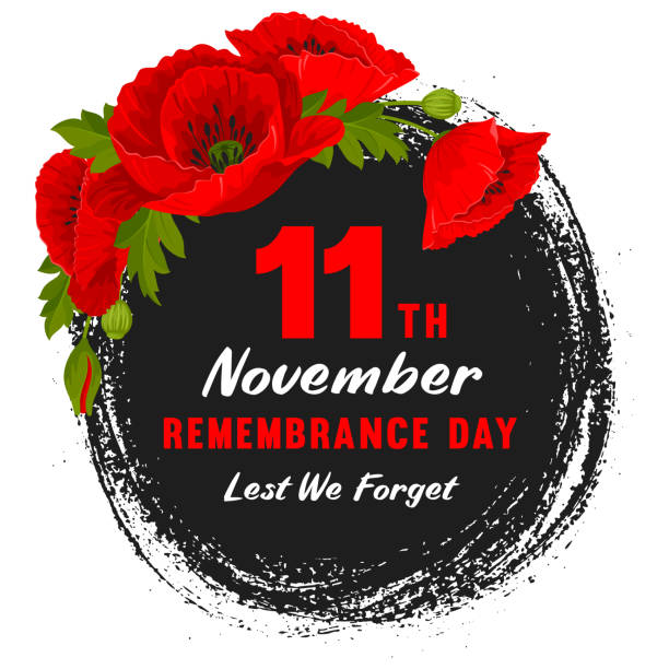 remembrance day circle design mit roten mohnblumen - lest we forget stock-grafiken, -clipart, -cartoons und -symbole