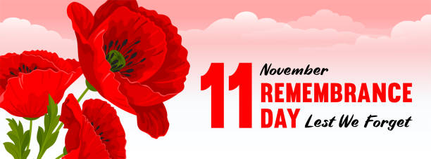 Remembrance Day Banner With Red Poppy Flowers Remembrance Day banner. Lest We forget. Horizontal banner with cartoon red poppy flowers, international symbol of peace, and lettering on pink sky background with clouds. Vector Illustration remembrance day background stock illustrations