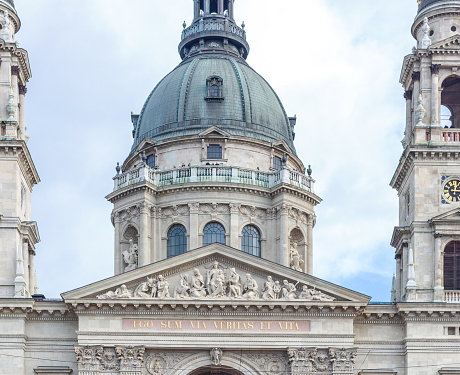 Facade and dome of Saint Stephen Basilica, the biggest church in Budapest. It was completed in 1905