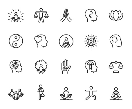 Vector set of meditation line icons. Contains icons mindfulness, balance, inner peace, self-knowledge, group meditation, inner concentration, spiritual practice and more. Pixel perfect.