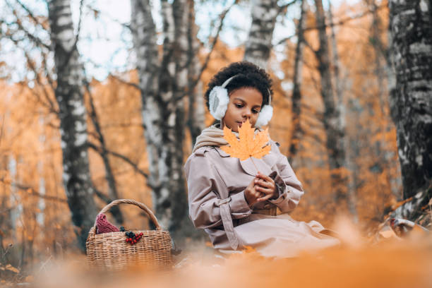 portret uroczej afroamerykańskiej dziewczyny z liściem klonu w rękach w jesiennym parku. różnorodność, jesienna koncepcja - maple leaf audio zdjęcia i obrazy z banku zdjęć