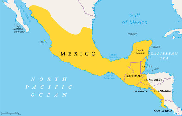 Location of Mesoamerica, political map, pre Columbian region and area Location of Mesoamerica, political map. Historical region and cultural area in southern North America and most of Central America, from Mexico to Costa Rica, where pre Columbian societies flourished. olmec head stock illustrations