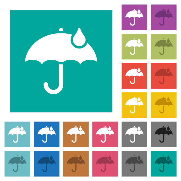 Umbrella with single raindrop solid square flat multi colored icons Umbrella with single raindrop solid multi colored flat icons on plain square backgrounds. Included white and darker icon variations for hover or active effects. aegis stock illustrations