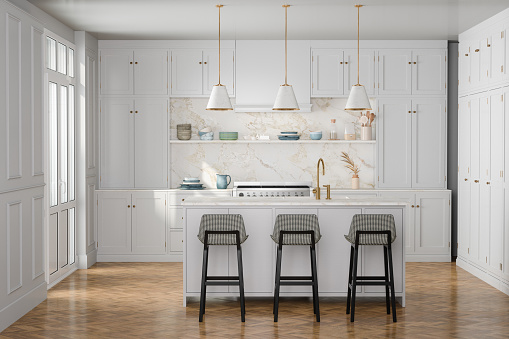 Luxury Kitchen Interior With White Cabinets, Kitchen Island And Stools