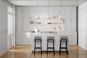 Luxury Kitchen Interior With White Cabinets, Kitchen Island And Stools