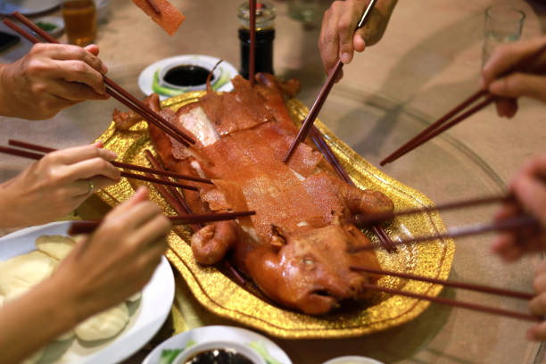 Roasted Suckling Pig, Traditional Chinese Food Served In Restaurant