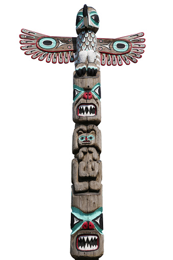 Isolated image of a colorful totem pole, Alaska