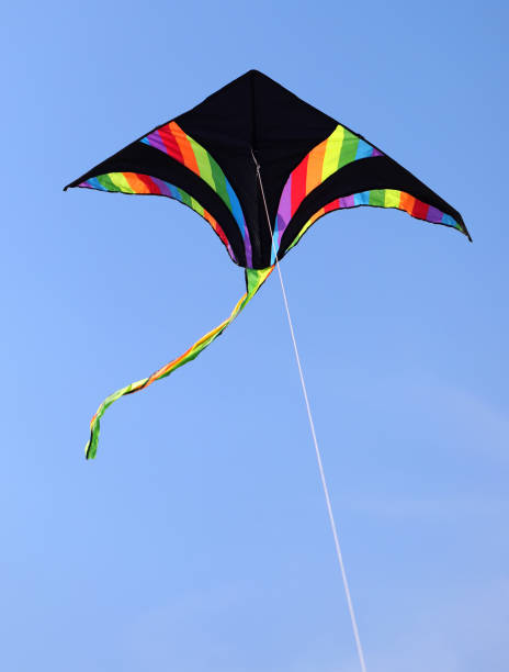 istock triangular-shaped kite in black and with multicolored bands that wants high in the sky 1422448219