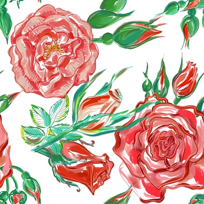 Flowers Seamless Pattern . Watercolor red roses on a white background. Vintage endless background for wallpaper design.