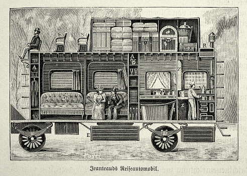 Vintage illustration of cross section of an early Jeantaud coach, motorhome, 1890s, 19th Century, History of transport, automobiles