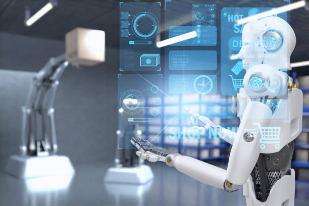 istock Robot arm Object for manufacturing industry technology Product export and import of future Robot cyber in the warehouse by hand mechanical future technology 1422450636