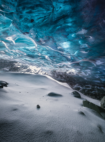 The Crystal Ice Cave in Iceland. Vatnajokull National Park. Inside view of the ice. Winter landscapes in Iceland. Natural background. North country.