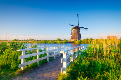 Kinderdijk National Park in the Netherlands. Windmills at the day time. A natural landscape in a historic location. Reflections on the water surface. Dutch canals. UNESCO World Heritage Site.