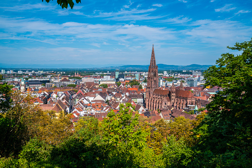 Germany, Freiburg im breisgau city skyline of historical old town and muenster church building from above panorama landscape view