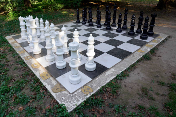 istock Chess for giants. The party has not started. Figures and black and white board for playing in the park. 1422453265