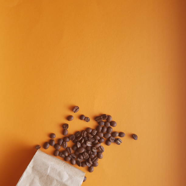 roasted coffee beans on an orange background. stock photo