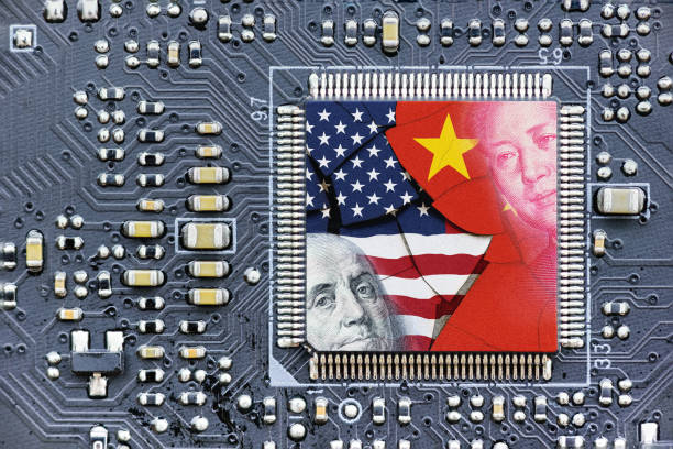 Flag of USA and China on a processor, CPU or GPU microchip on a motherboard. US companies have become the latest collateral damage in US - China tech war. US limits, restricts AI chips sales to China. Flag of USA and China on a processor, CPU or GPU microchip on a motherboard. US companies have become the latest collateral damage in US - China tech war. US limits, restricts AI chips sales to China. xi jinping stock pictures, royalty-free photos & images