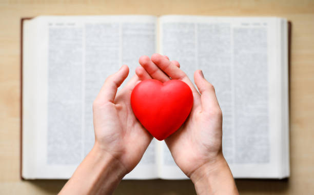 istock Red heart in human hands over a large open book. Reading and knowledge love concept. 1422454661