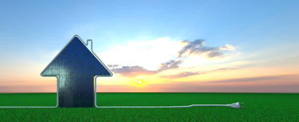 solar energy panel in open landscape - 3d illustration - autarkie stockfoto's en -beelden