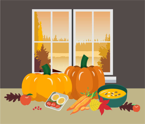 illustrazioni stock, clip art, cartoni animati e icone di tendenza di finestra con vista sulla natura autunnale e sulla foresta con una tazza di cibo autunnale sul tavolo. zucca e porridge con semi. design di illustrazioni vettoriali modificabili - te bevanda calda