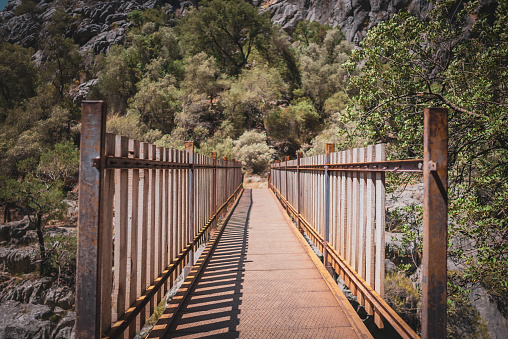 Wooden footbridge with railing in canyon valley in sunlight.
