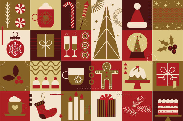 ilustraciones, imágenes clip art, dibujos animados e iconos de stock de símbolos navideños. feliz navidad. fondo geométrico abstracto navideño con formas sencillas, papá noel. arte moderno creativo. cartel de feliz navidad estilo bauhaus - tarta de navidad