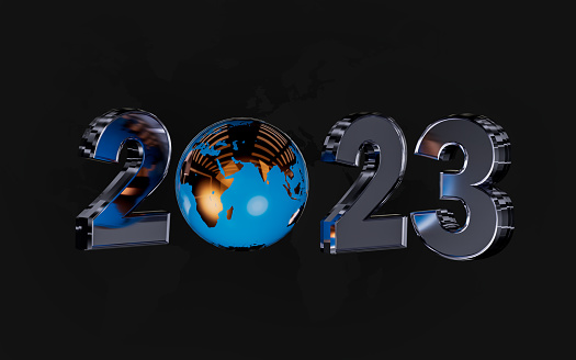 happy new year 2023 banner template design with globe on dark background 3d render concept