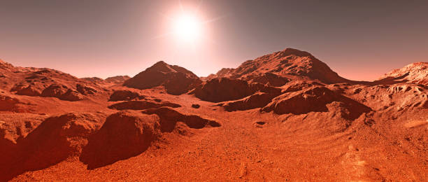 istock Mars planet background, 3d render of imaginary mars planet terrain, orange eroded desert with mountains and glaring sun 1422479297