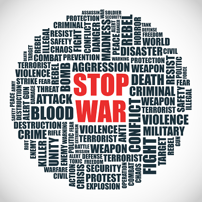 Stop war. Vector illustration. Word cloud on military theme.