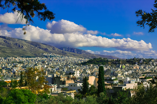 Mediterranean region slums landmark ghetto district of town view with rocky mountain background concept