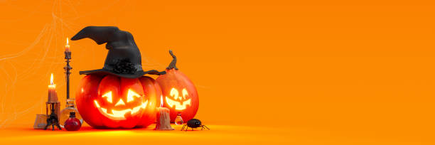due zucche intagliate sorridenti con decorazione di halloween su sfondo arancione - halloween pumpkin party carving foto e immagini stock