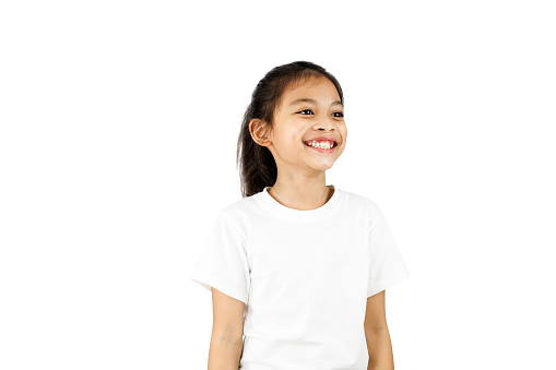 Cute girl portrait on a white background with copy space. 5 years old girl wearing white dress