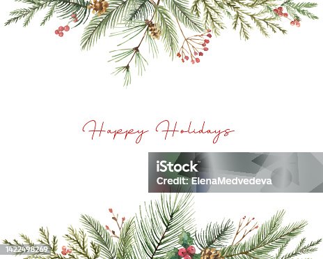 istock Watercolor vector Christmas banner with fir branches and place for text isolated on white background. Suitable for postcard, cover, flyer, cards design, New year invitations, wedding. 1422498269