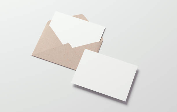 istock Postcard mockup blank paper with an envelope on a neutral background. White empty card for design in 3D rendering 1422499330
