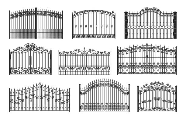 Iron gates, wrought gothic metal decorated grates Iron gates, wrought gothic metal decorated steel fences, vector mansion entrance. Antique vintage architecture black facade grates in victorian classic style. Forged decorative objects with ornaments gate stock illustrations