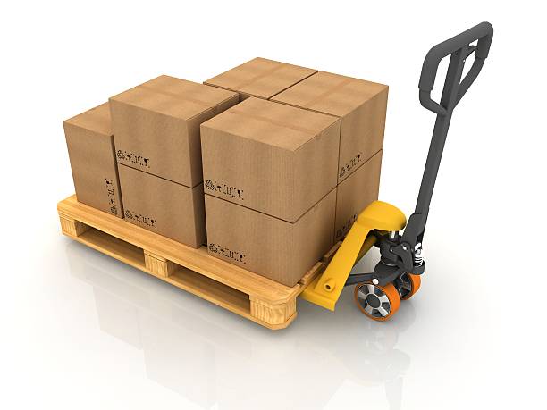 istock Many brown cardboard boxes stacked on yellow warehouse lift 142250258