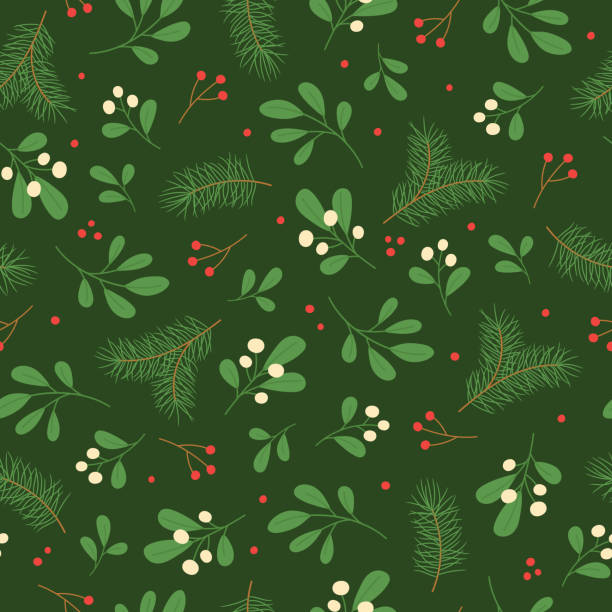 бесшовный узор с зимними веточками на зеленом фоне. - christmas paper stock illustrations